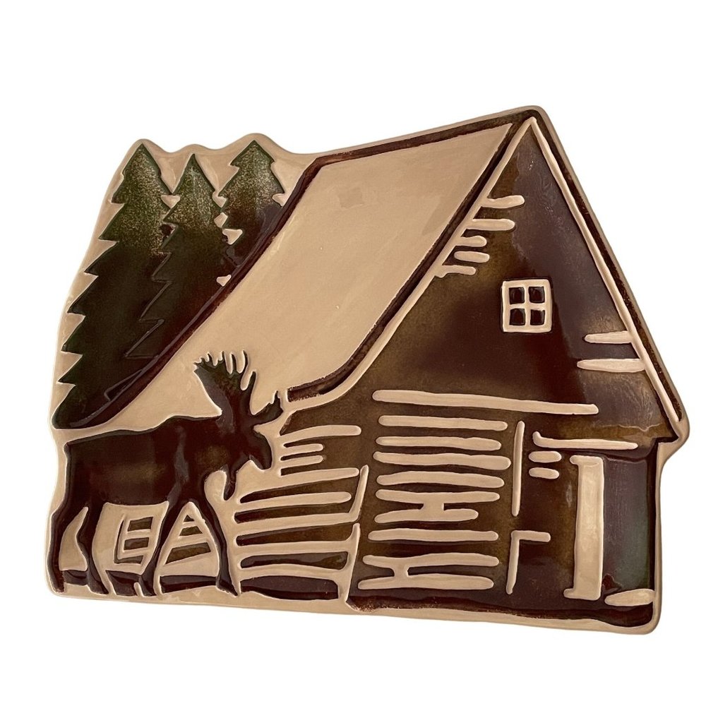 Clay Art Rustic Lodge Figural Platter Cabin Moose Trees Large Serving Plate